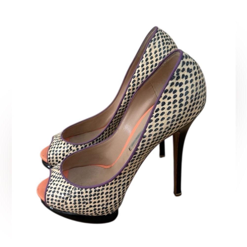 Nicholas Kirkwood elaphe and leather peep-toe printed heels size 38.5 designer